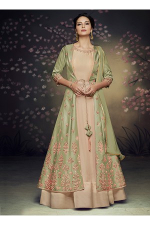 Green net and satin silk jacket style gown anarkali suit 3077